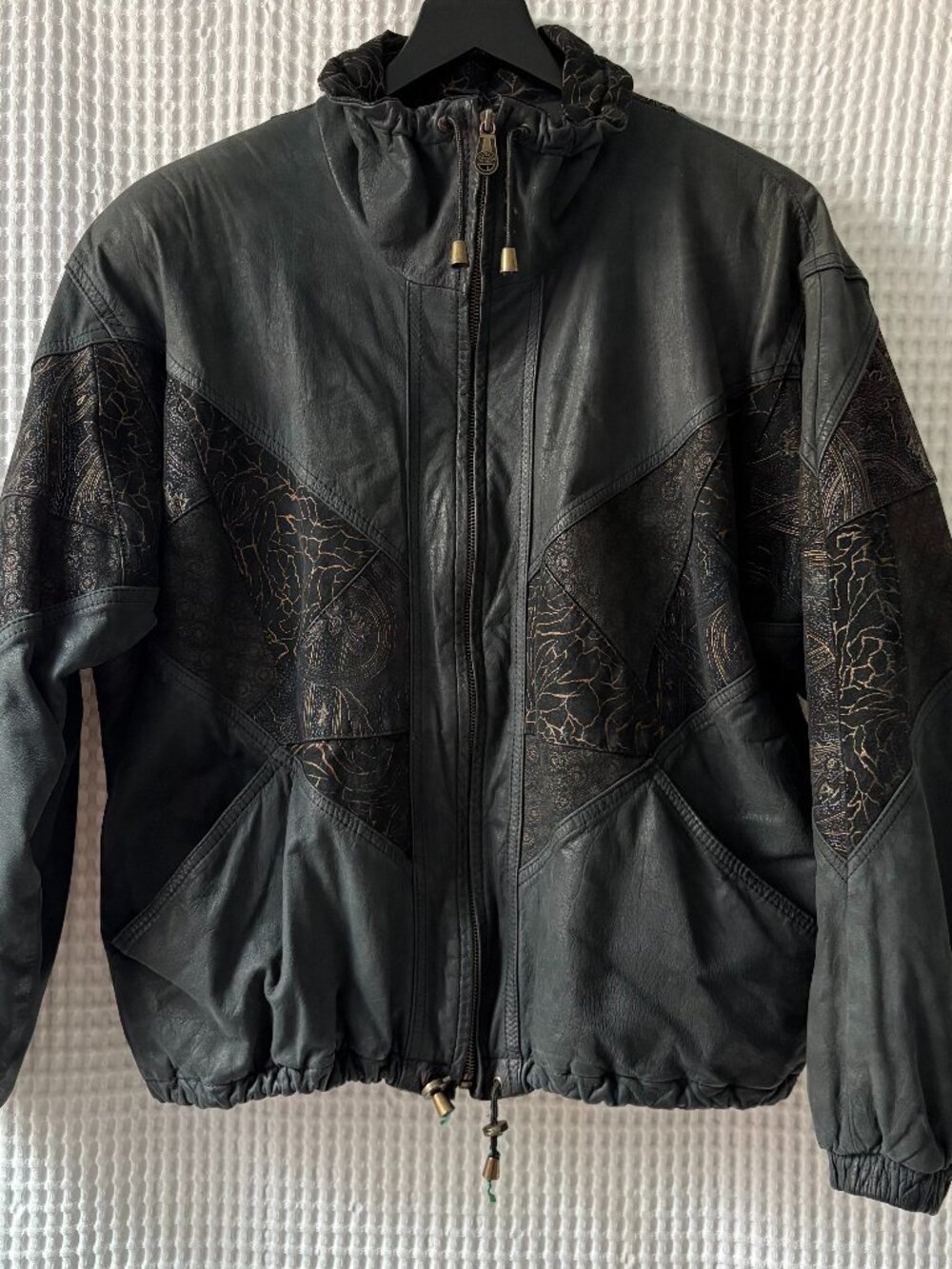 Vintage Winlit patchwork black gray gold women's leather bomber jacket size med